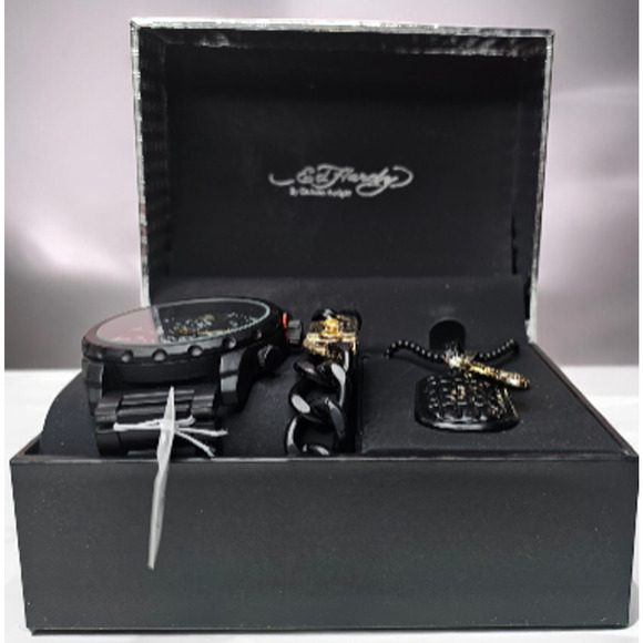 Ed Hardy Men's Matte Black Metal Bracelet Watch 50mm Gift Set NWT - Picture 2 of 7